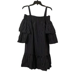English Factory Women's Navy/White Striped Ruffled Off Shoulder Dress‎ Size M